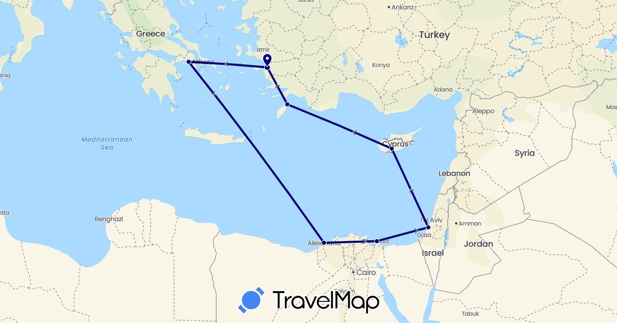 TravelMap itinerary: driving in Cyprus, Egypt, Greece, Israel, Turkey (Africa, Asia, Europe)
